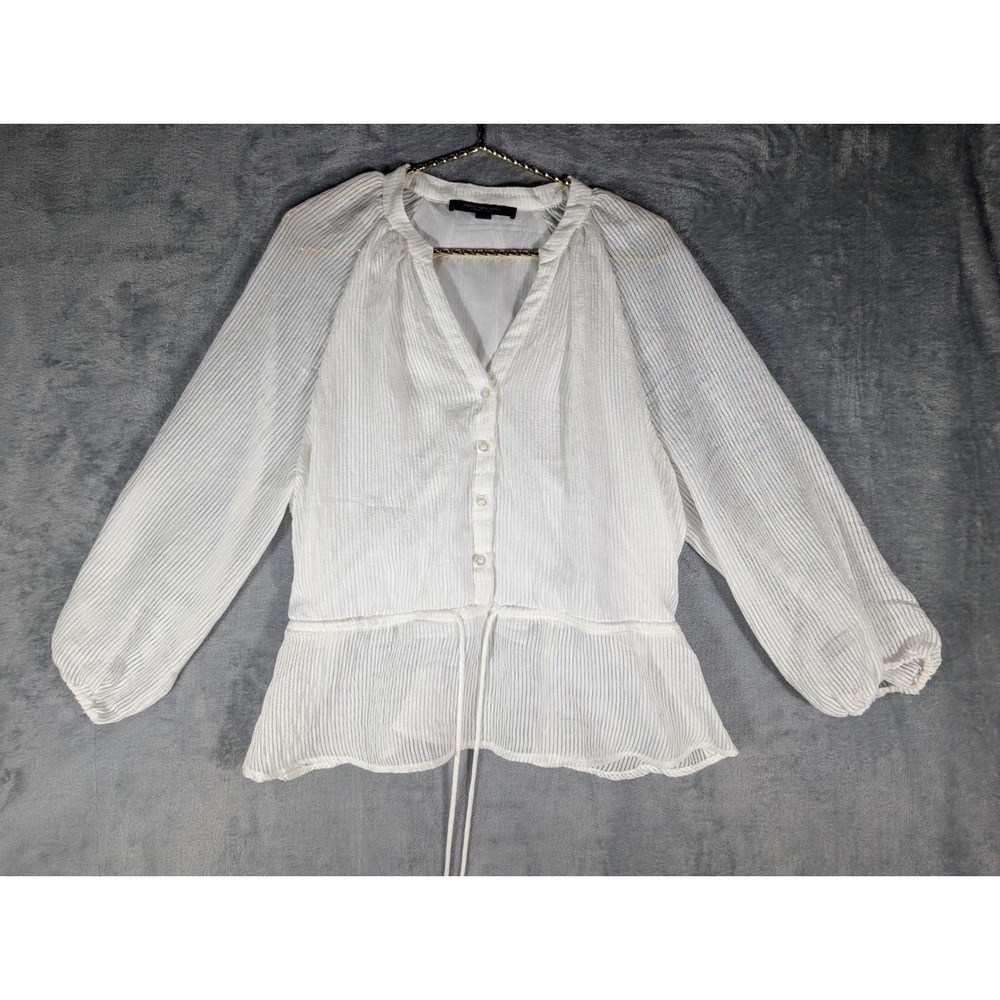 Marc New York Andrew Marc Womens White Sheer Stripe Peplum Blouse Shirt Large